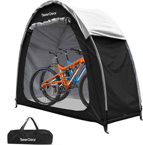 Zwarte BeerGear opbergtent met twee mountainbikes binnenin, inclusief draagtas.