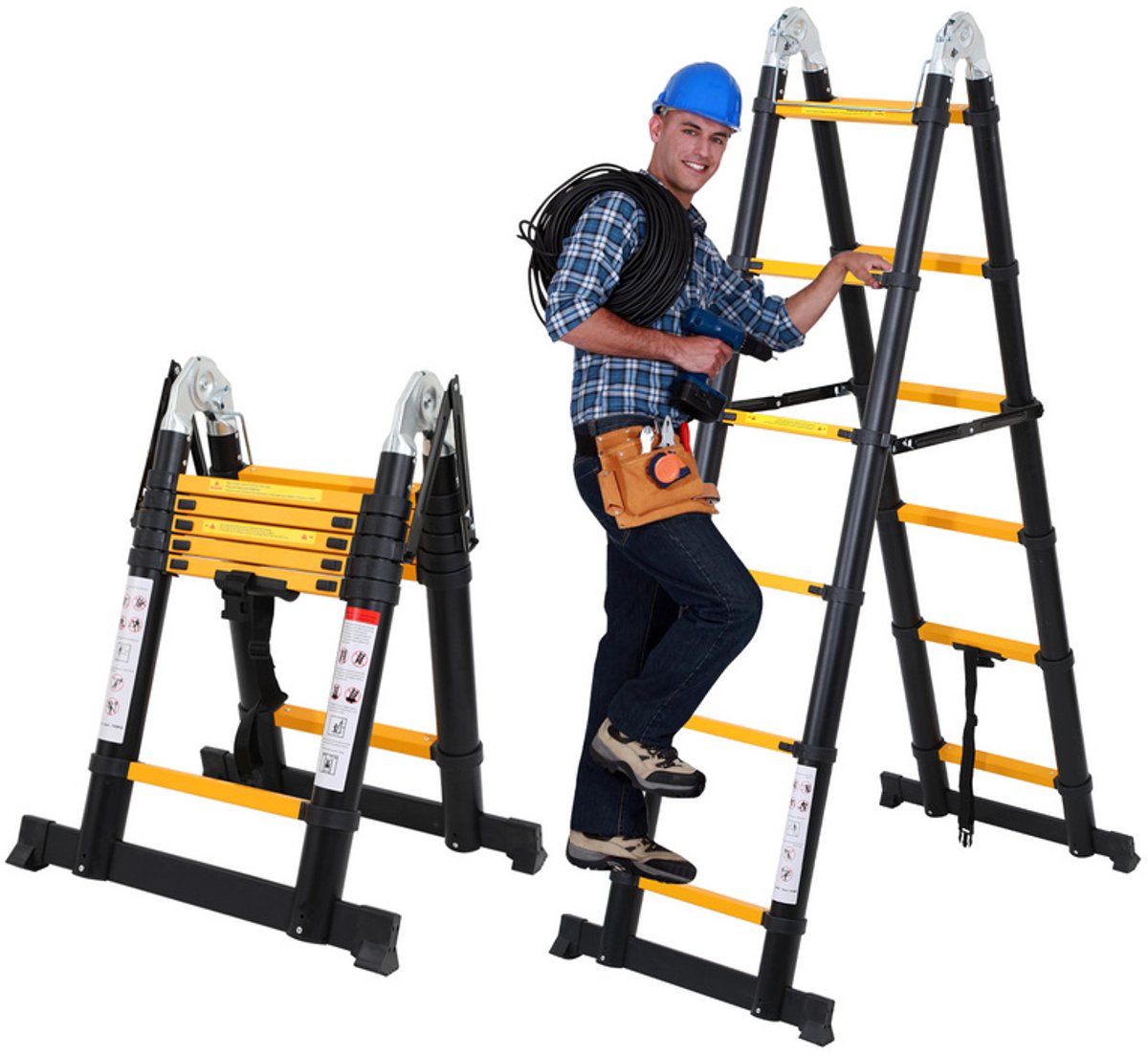 Telescopische Vouwladder 1,9m+1,9m- Telescopische Ladders Geel zwart Multifunctionele ladder – foto 8