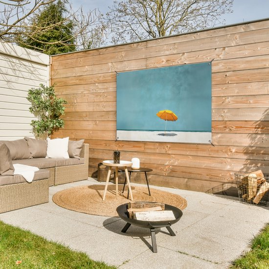 Affiche de jardin 120x80 cm - Décoration de jardin Parasol - Jaune - Plage - Mer - Affiche pour le jardin - Décoration extérieure - Tableau de jardin clôture - Décoration murale sur toile de jardin - Décoration murale sur toile de balcon