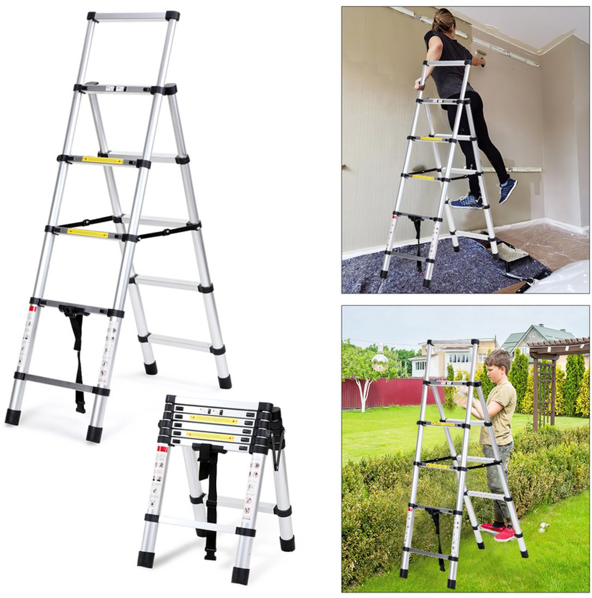 Eulenke Telescopische Ladder 1,4m+1,7m Aluminium Trapladder 4+5 Treden Draagbare Antislip Vouwladder, 150 kg Draagvermogen Staande Ladder, Aluminium Ladder voor Binnen, Buiten, Multifunctionele Ladder – foto 6