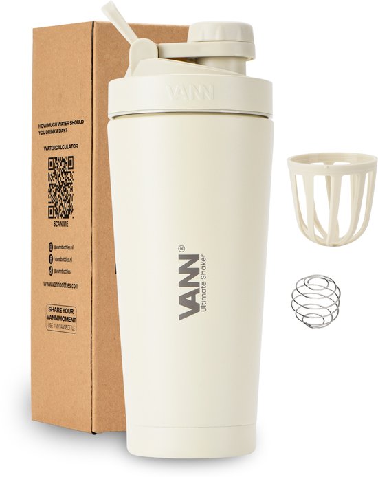 VANN® 3-wandige RVS shakebeker 750 ML - Premium Proteïne & Eiwit Shaker - ULTIMATE SHAKER™ - 12 uur koud - Off White