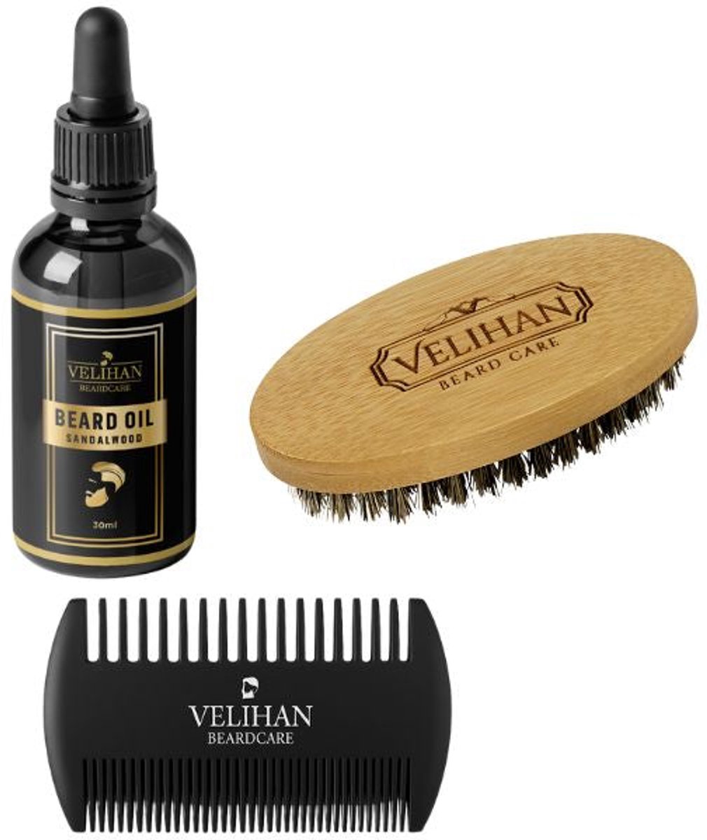 Velihan Beardcare - Baardverzorging Trio Pack - Baardolie Sandalwood 30ml, Baardborstel en Baardkam - Baardverzorging set - Cadeau voor hem - Baardverzorging - Baard olie - Cadeau voor vriend - Baardgroei