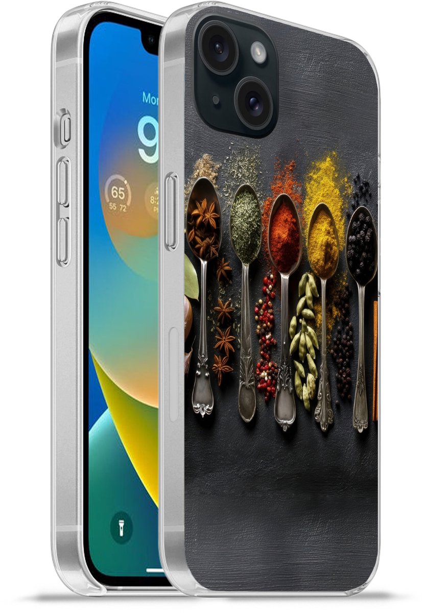 Telefoonhoesje Geschikt voor iPhone 15 Plus hoesje - Lepels - Specerijen - Kaneel - Chili - Siliconen Telefoonhoesje Telefoonhoesje