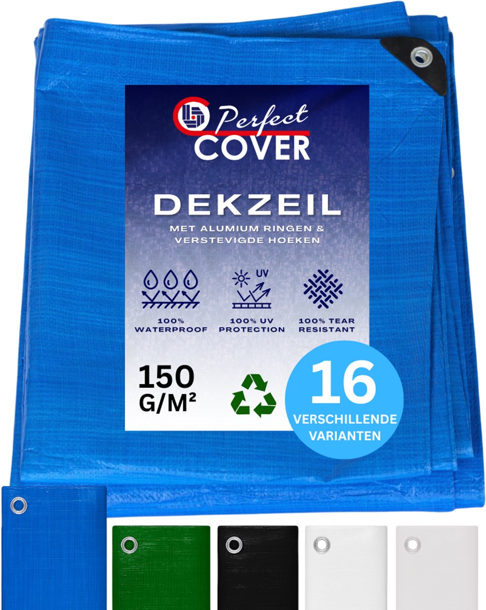 Perfect Cover® Super Sterk Afdekzeil – 2 × 3 m – Blauw – 150 g/m² – Scheurbestendig en Waterbestendig Zeil voor Buiten Tuinmeubelen, Aanhanger of Zwembad – Multifunctioneel als Grondzeil of Autohoes – Met Metalen Zeilringen