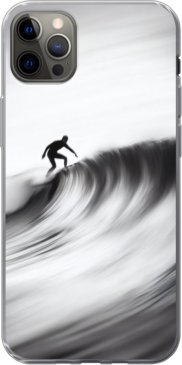 Telefoonhoesje Geschikt voor iPhone 12 Pro Max hoesje - Surfer - Golf - Vervaagd - Zwart - Siliconen Telefoonhoesje Telefoonhoesje