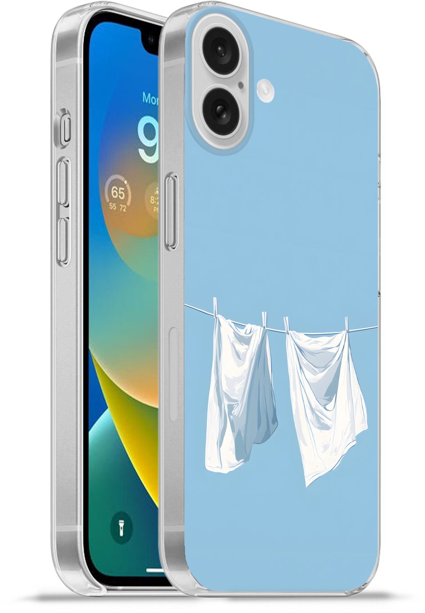 Telefoonhoesje Geschikt voor Apple Iphone 16 Plus hoesje - Lakens - Waslijn - Blauw - Minimalistisch - Siliconen Telefoonhoesje Telefoonhoesje
