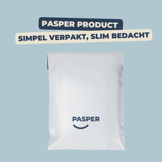 Een witte Pasper verpakking met een glimlachend logo.