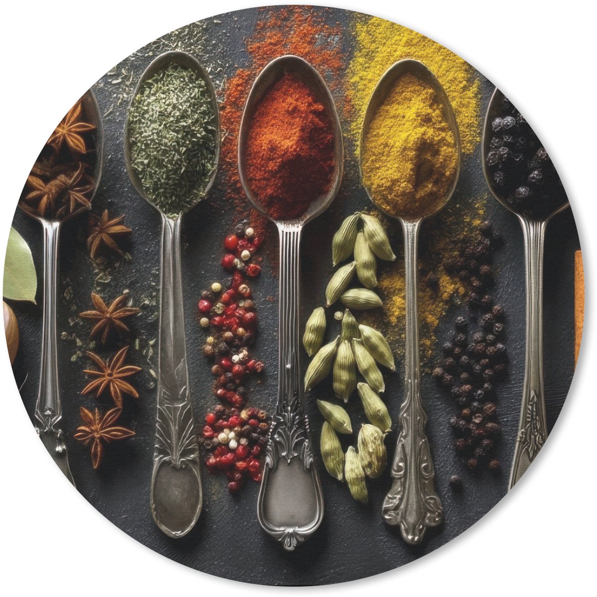 Muismat rond 40x40 cm - Mousepad Lepels - Specerijen - Kaneel - Chili - Ronde muismatten