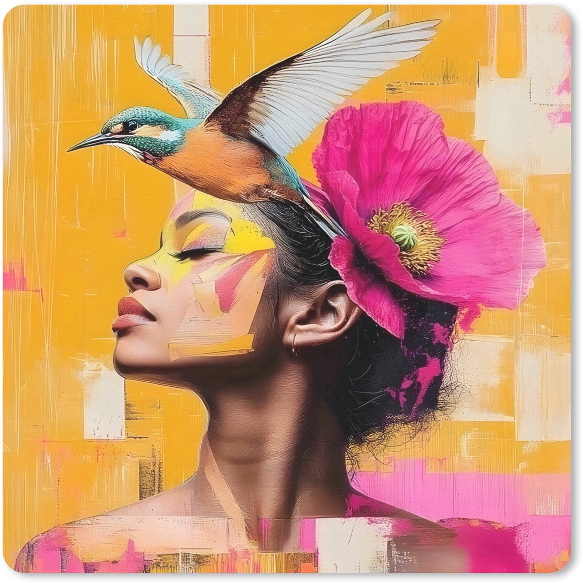 Muismat 20x20 cm - Mousepad Vogel - Vrouw - Abstract - Bloem - Muismatten