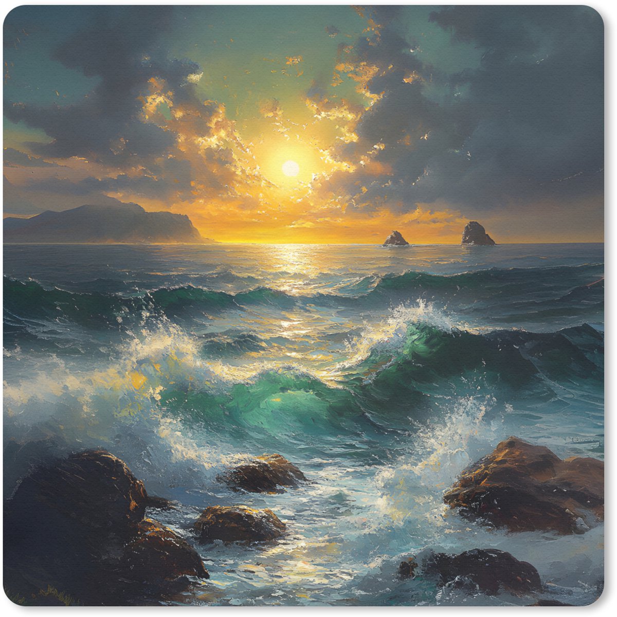 Muismat 30x30 cm - Mousepad Zee - Zon - Golven - Rotsen - Muismatten