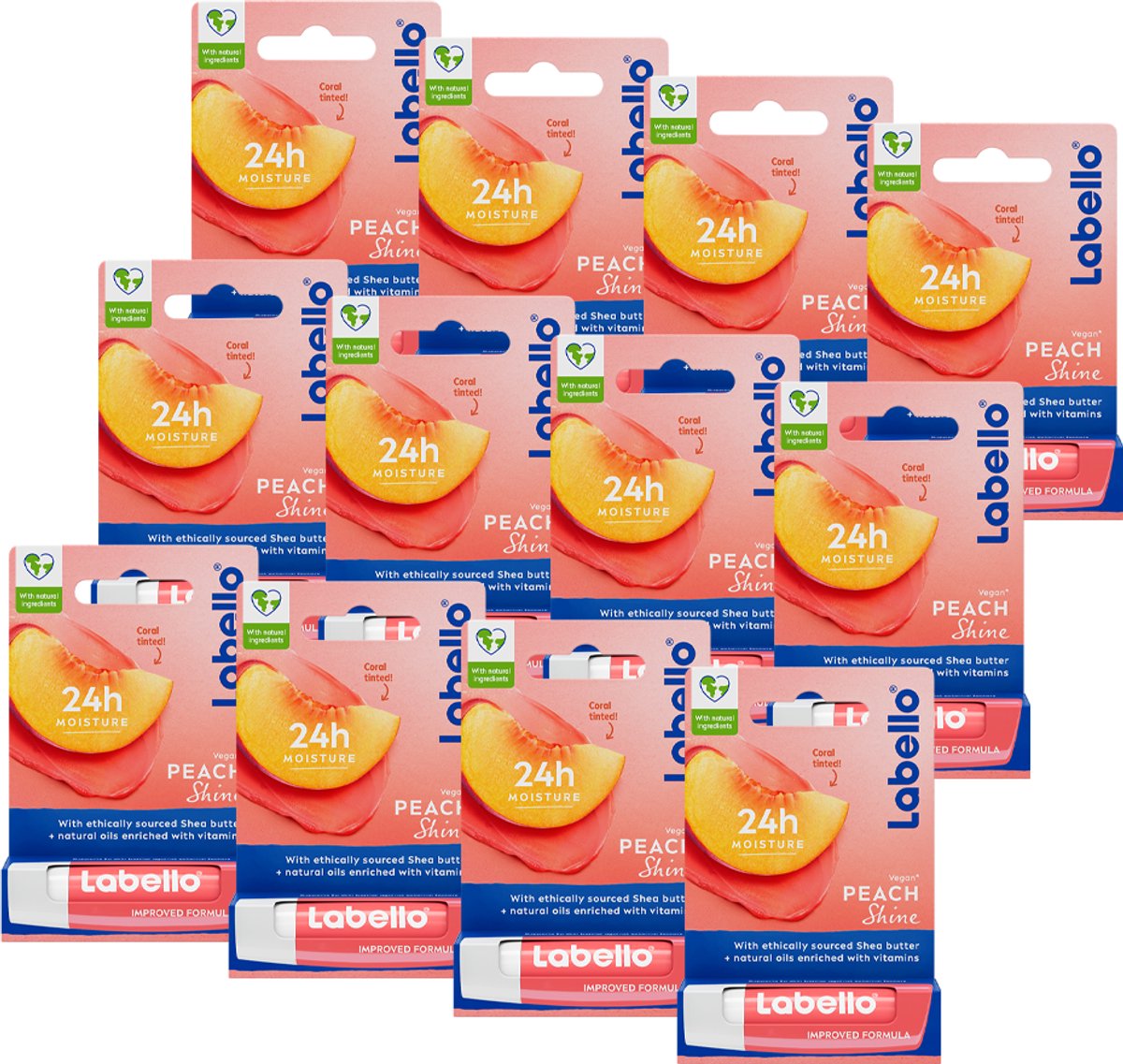 Labello Lippenbalsem Peach Shine - 24u Hydratatie - Hydraterend- voor Gladde en Beschermde lippen - Voordeelverpakking - 12 stuks