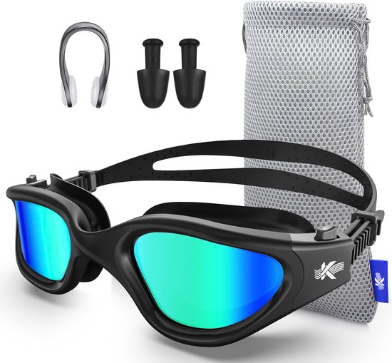 Lunettes de natation polarisées Kyrox - Antibuée - Protection UV - Bouchons d'oreilles et pince-nez inclus - Lunettes de plongée - Sangle réglable - Unisexe - Lunettes de natation pour adultes et enfants - Zwart (Verres Aqua )
