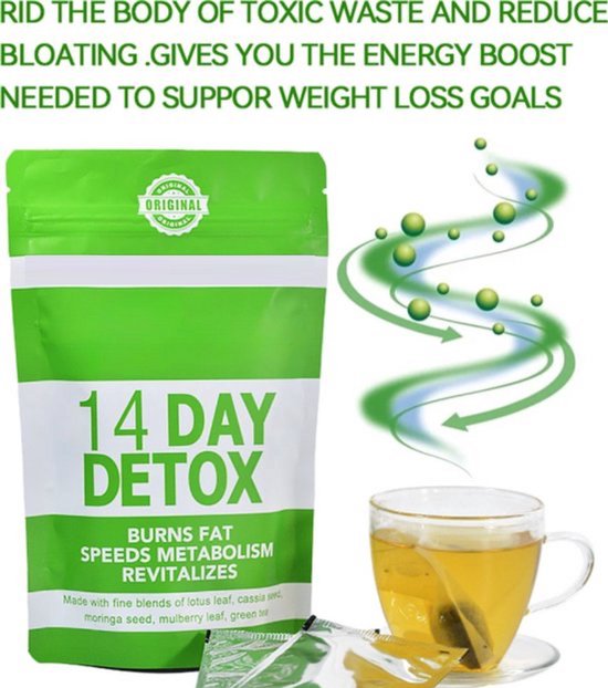 Groene en witte verpakking van 14 DAY DETOX thee met illustratie van groene wervelende lijnen en bubbels, en een kopje detox thee.