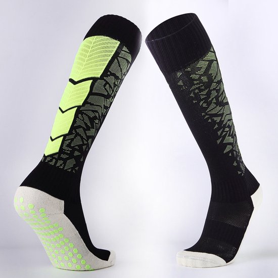 2 paar - hoge antislip voetbalsokken met lange gestippelde sportsokken/zweetabsorberende, ademende, verdikte handdoekensokken voor volwassenen/antislip, slijtvaste overknee voetbalsokken/één maat Groen en Zwart
