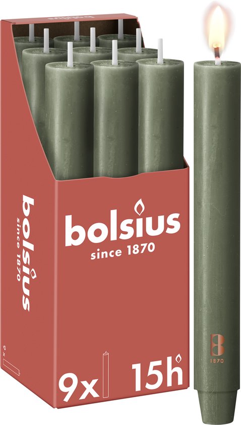 Bolsius - 9 Bougies chandelles XL Rustique - Vert Olive - Bougie de Table Épaisse - 23 cm - Diamètre 3 cm - 15 Heures de Combustion