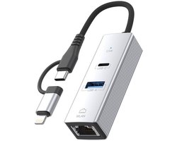 USB-C + 8-Pin naar USB-C Female + Ethernet (RJ45) + USB-A – geschikt voor Lightning – 3-in-1 Adapter kabel hub geschikt voor o.a. iPhone, iPad en Laptop – zilver