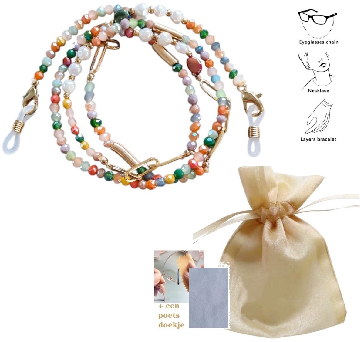 Mooie Brillenkoord kleurrijke kralen, goudkleurig -Brillenkoord Kralen ketting- Youhomy accessoires Brillenkoord ketting| Cadeau voor dames | Chain glasses accessoires| Leesbril - Lichtgewicht - Zonnebril hanger Vakantie