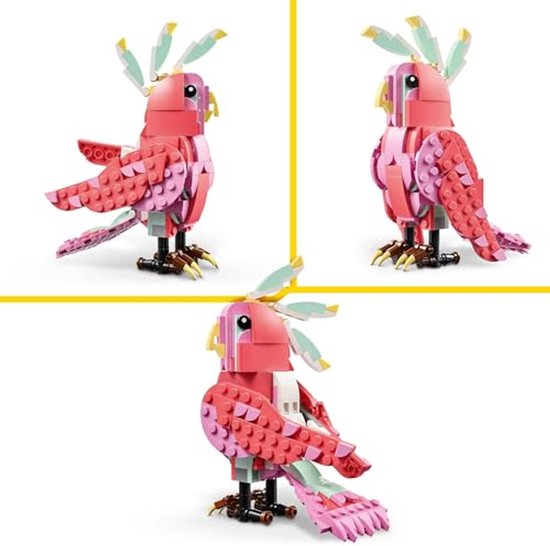 Een roze LEGO papegaai met een kuif en veelkleurige veren, staande op klauwen.