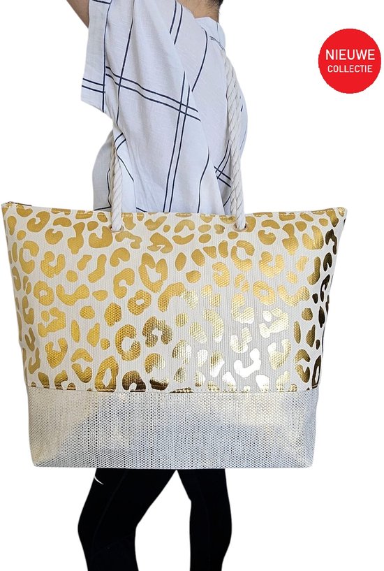 Shoppertas Leopard goud kleurig - Strandtas met rits aansluiting zomer| Weekendtas 50x35x15 CM| Vakantie| Kamperen| cadeau voor vrouwen
