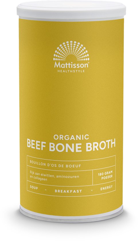 Gele ronde bus Mattisson met logo en tekst 'Organic Beef Bone Broth' en '180 gram poeder'.