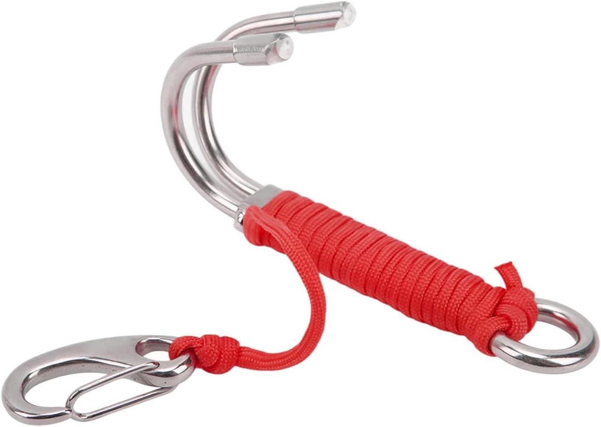 Allecto Plus - Drift haken met dubbele verdieping en koord van roestvrij staal voor grotduiken (Rood) - Duikuitrusting voor speleologie.