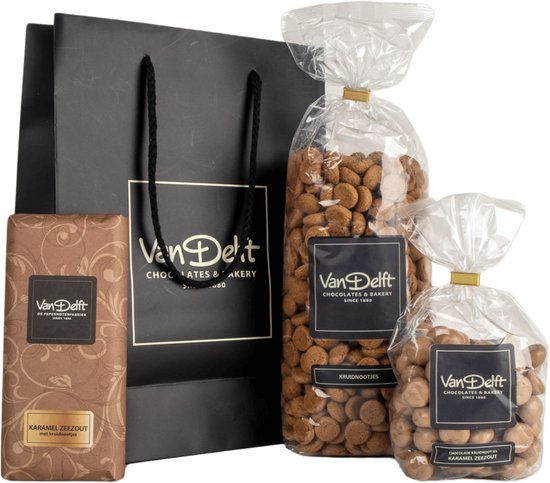 Van Delft - Cadeauset met reep, kruidnoten (500gr) en karamel zeezout - Kruidnoten Cadeau - Personeelsgeschenk - Sinterklaas geschenk