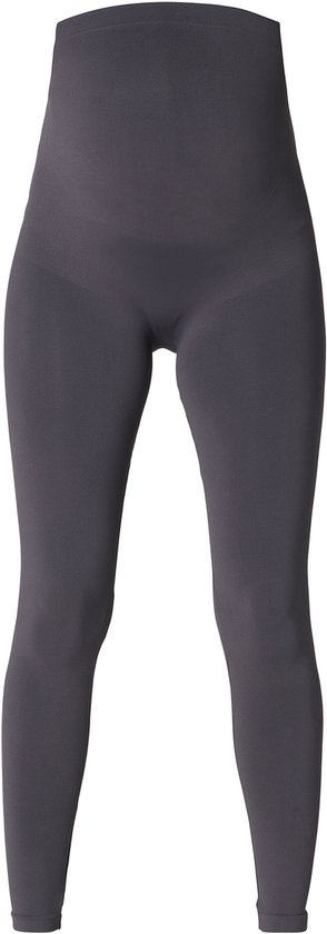 Detailopname van een donkergrijze, naadloze zwangerschapslegging met hoge taille, getoond op een model.
