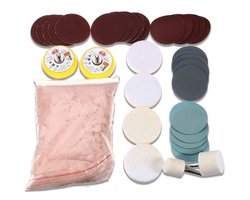 Allecto Plus - Polijstset voor glas, 34-delig, diepe krasverwijderaar, ceriumoxide poeder, polijstpads, schuurschijf 50 mm / 2 inch