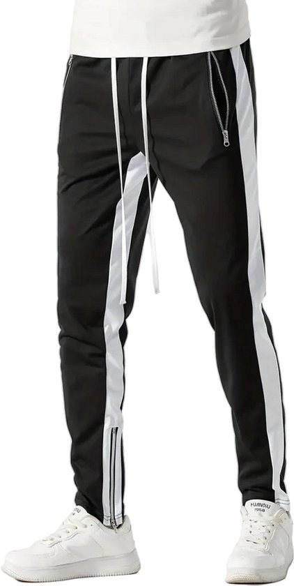 Casual Heren Trainingsbroek - Aansluitend - Slim Fit - Rits - Zwart - Wit