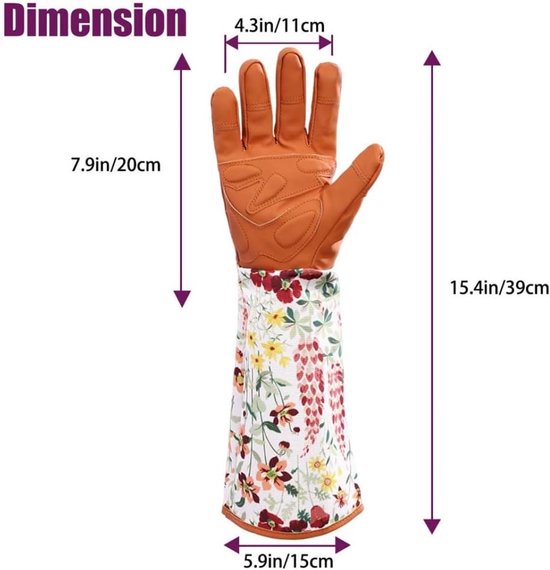 Bruine leren tuinhandschoen met lange, bloemige mouw. Afmetingen: 39cm lang, 11cm breed.