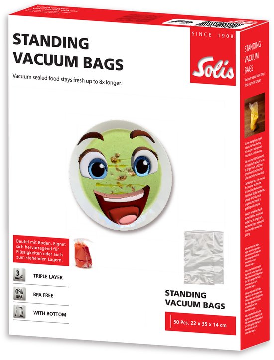 Emballage de sacs sous vide Solis debout avec un smiley légume rieur sur une assiette.