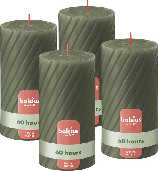 Bolsius - Bougies rustiques - Motif torsadé - 4 pièces - Vert olive - 60 heures de combustion - 13 cm