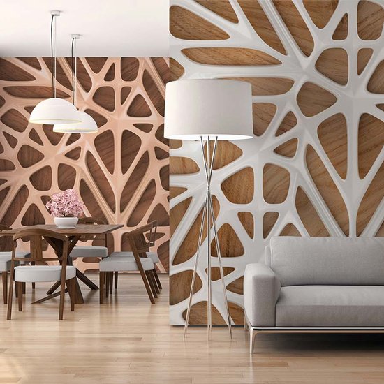 Papier peint photo 3D effet bois marron et blanc, fotobehang abstrait exceptionnel, papier peint 3D 3,50 x 2,55 m, papier peint intissé moderne pour le bureau, BRICOFLOR.nl