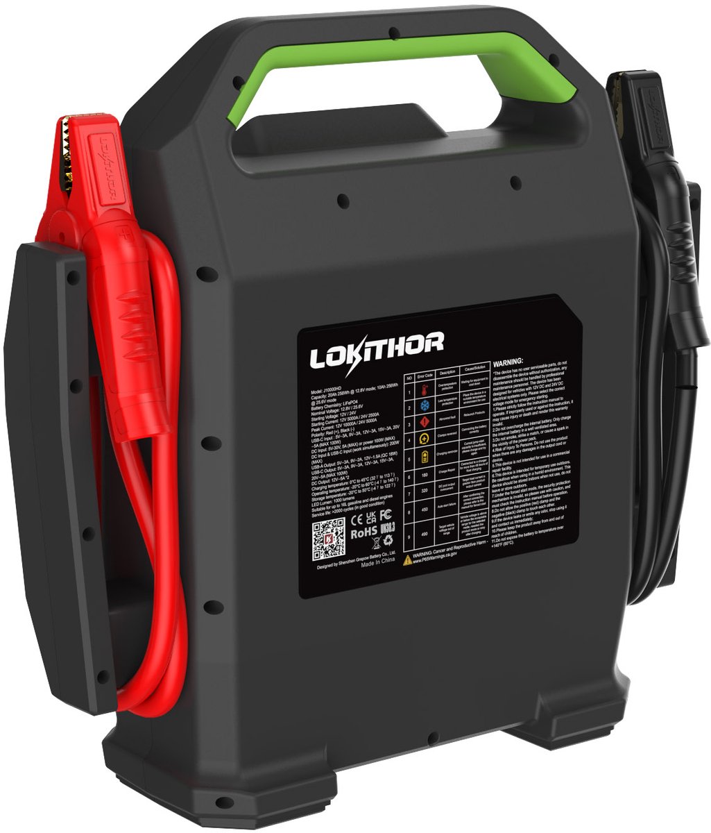 Lokithor jumpstarter j10000hd heavy duty - 12v/24v 10000a - 80.000mah powerbank - voor diesel en benzinemotoren tot 16l - met led spotlight
