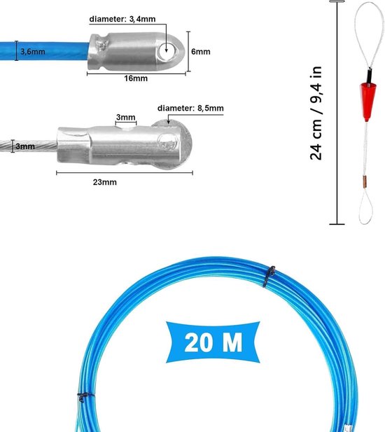 EFUTURETIME Intrekhulp, kabel glasvezel 10 m, kabelintrekhulp, glasvezel kabelintrekstangen 1 m x 10 (diameter 4 mm x 4, 6 mm x 6), intrekveer, intrekveer met 9 opzetstukken