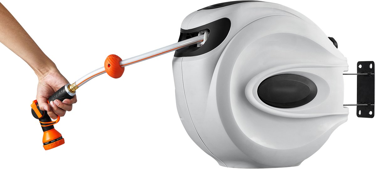Intrekbare Tuin Ch Prei Rol-1/2" X 131.23 Ft Muurbevestiging Zware Uitvoering met 9-Patroon Mondstuk, Elke Lengte, Automatisch Oprolmechanisme En 180° Draaibare Beugel