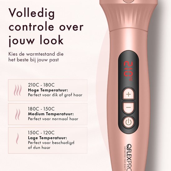 QFLEX PRO® Thermal Brush - Keramische Warmteborstel - Krultang - Krulborstel - Fohnborstel - Airstyler - Warmteborstel - Krullen borstel - 38 mm – 15 Sec Opwarming – Glanzend, Pluisvrij & Zijdezacht Haar – 10 Warmtestanden – Haarborstel 2m Snoer