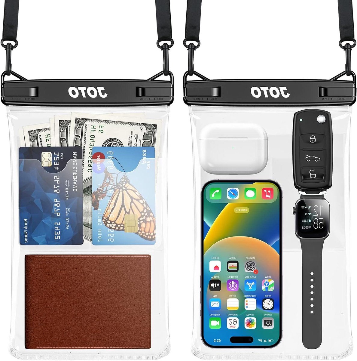 Waterdicht telefoonzakje IPX8 Big Dry Bag met Lanyard voor iPhone 15 14 13 Pro Max Galaxy S24 Ultra S23 S22 - 2 Pack Zwart