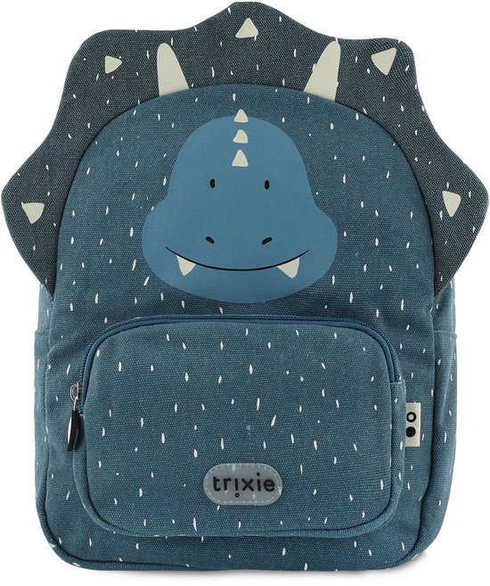 Blauwe kinderrugzak met dinosaurusdesign, witte stippenprint en een buidel.