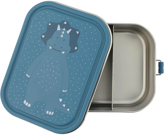 Blauwe lunchbox met een witte dinosaurusprint en een blauwe dinosaurus op het deksel.