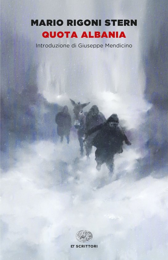 Boekomslag met de titel "QUOTA ALBANIA" van MARIO RIGONI STERN, met een winterse illustratie van drie personen en een ezel in de sneeuw.