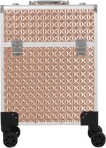 Gesloten roze gouden beautycase met 3D geometrisch patroon en zilveren details, op wieltjes.