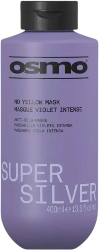 Osmo Super Silver No Yellow Masker. Lichtpaarse fles met zwarte dop. Tekst in het paars en zilver.