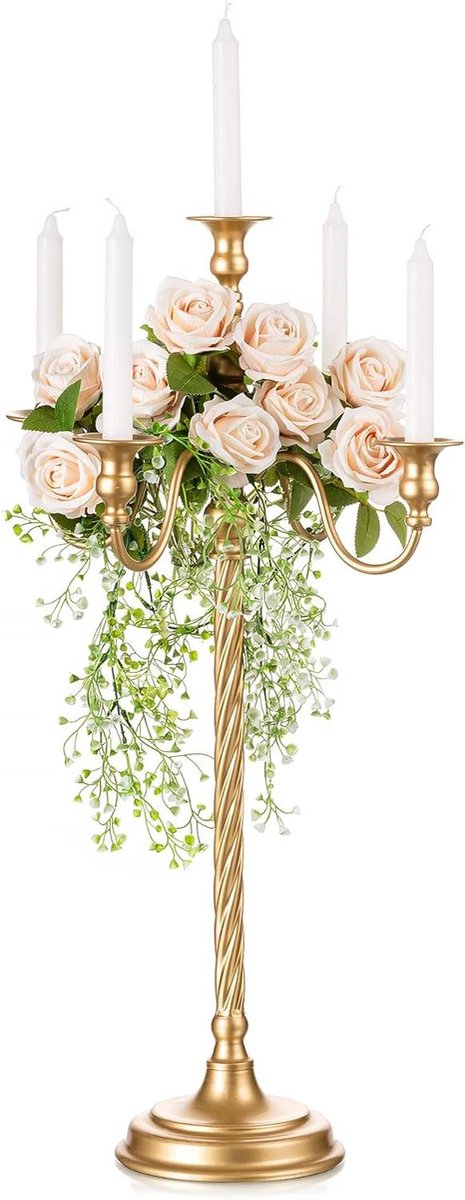 Allecto plus - Gouden kandelaars houder voor bruiloft en feest - 71cm hoog - Retro vloer kandelaar met 5 armen - Taps kaars middelpunt - Kerstfeest en verjaardag - Luxe tafeldecoratie