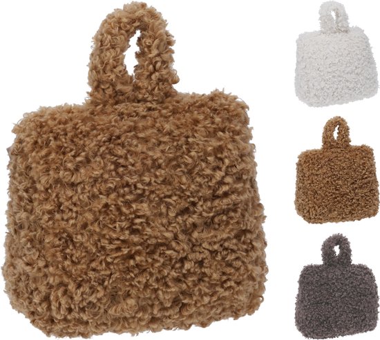 Overzicht van teddy deurstoppers in wit, lichtbruin en grijs.