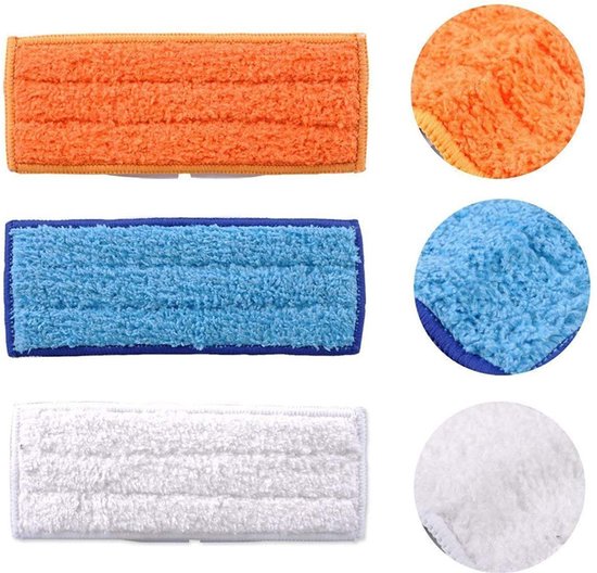 Drie microvezel dweilopzetstukken in oranje, lichtblauw en wit. De afbeelding toont close-ups van de texturen.