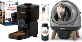 Een set JC Pets producten: een automatische kattenbak, een automatische voerbak met camera, en een fles geurverdrijver. Een kat zit in de kattenbak.