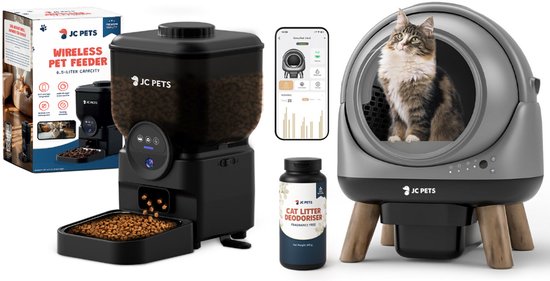 JC Pets Automatische Kattenbak XXL 65L met Draadloze Automatische Voerbak 6,5L – Zelfreinigende Slimme & Stille Kattenbak met App – Uitloopmat & Geurverdrijver – Veiligheidssensoren – HD Camera Voerautomaat met App & Wifi – Geschikt voor Meerdere Kat