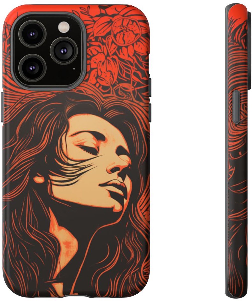 Linosnede Portret van Vrouw met Bloemen – Telefoonhoesje Geschikt voor iPhone 14 Pro Max
