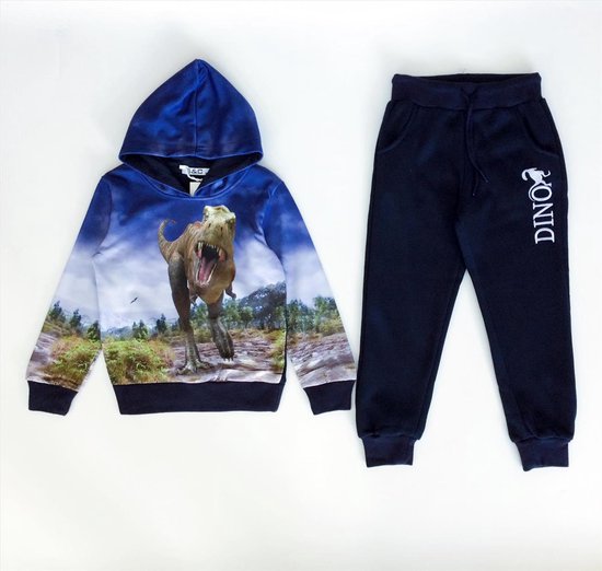 Survêtement Kinder Blauw avec capuche - Imprimé Dino cool - Survêtement Garçons et Filles - Set pantalon et pull - Taille 146/152 - 65 % Katoen